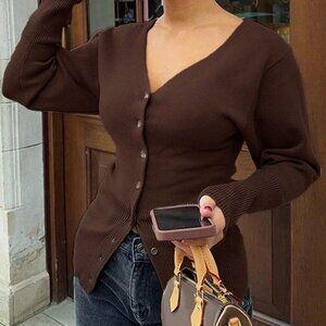 Coffee Brown Casual Women's Deep V-Neck Cardigan
